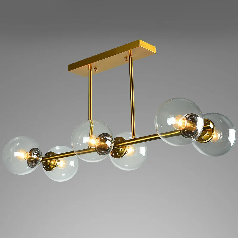 Messing lineaire eilandlamp, postmodern metalen plafondlamp met bolvormige glazen kap Clearhalo