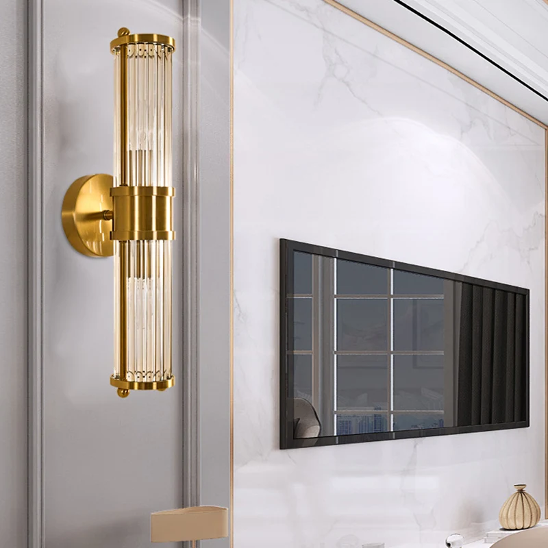 Messing lineaire wandlamp Modern stijlvol 2-lichts helder kristallen wandlamp met cilindervorm Clearhalo