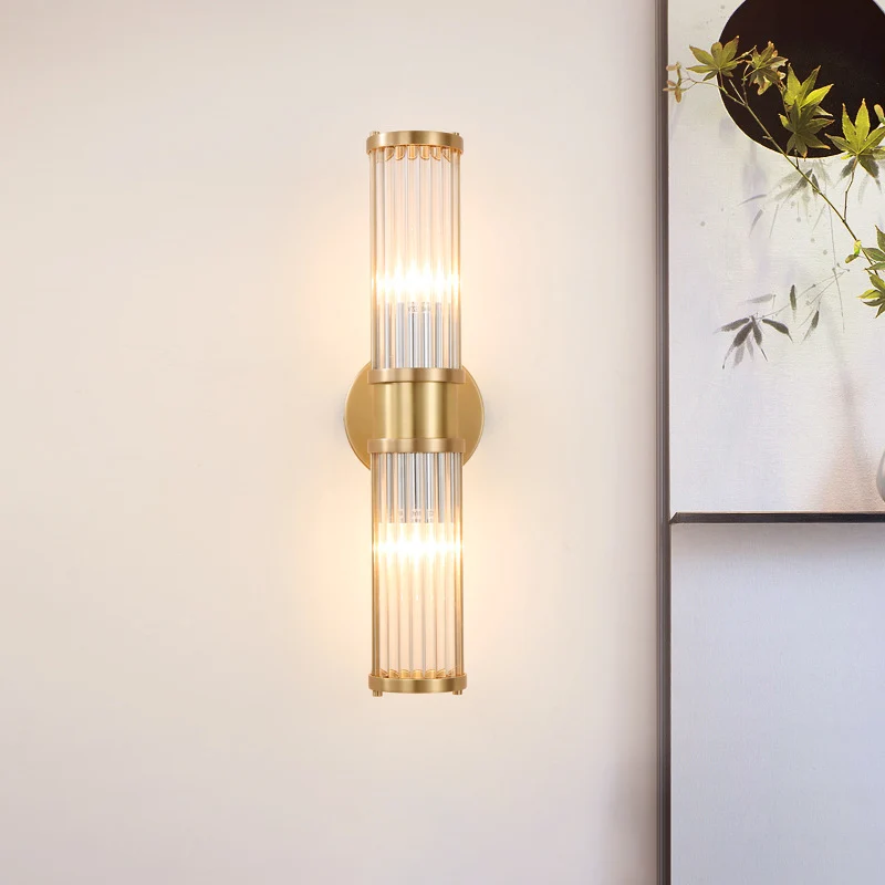 Messing lineaire wandlamp Modern stijlvol 2-lichts helder kristallen wandlamp met cilindervorm Clearhalo