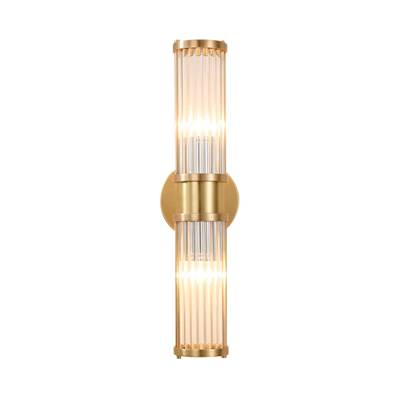 Messing lineaire wandlamp Modern stijlvol 2-lichts helder kristallen wandlamp met cilindervorm Clearhalo