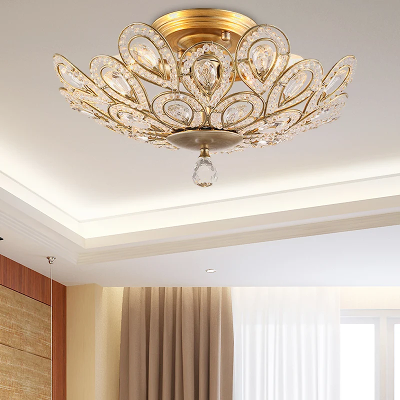 Messing pauwstaart plafondlamp 3/5 lichts metalen plafondlamp lodge-stijl met kristallen kraal voor woonkamer Clearhalo