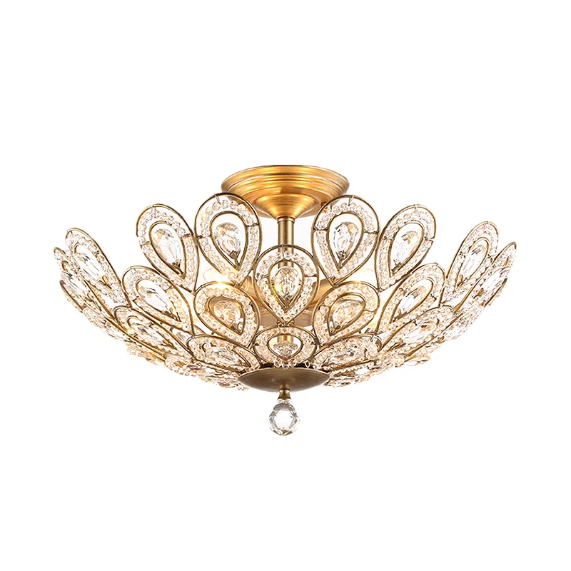 Messing pauwstaart plafondlamp 3/5 lichts metalen plafondlamp lodge-stijl met kristallen kraal voor woonkamer Clearhalo