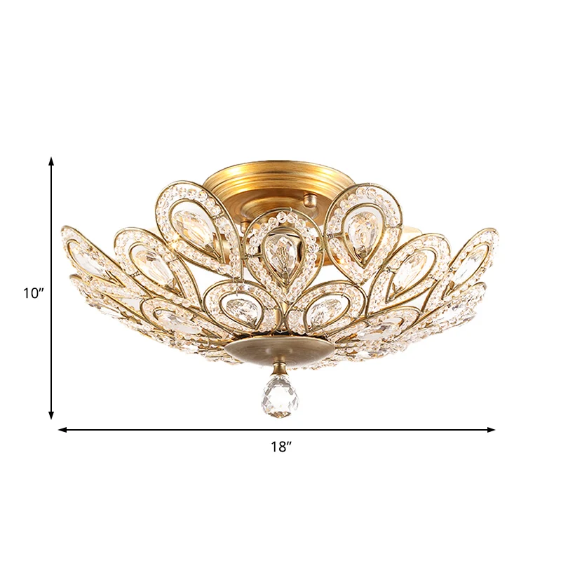 Messing pauwstaart plafondlamp 3/5 lichts metalen plafondlamp lodge-stijl met kristallen kraal voor woonkamer Clearhalo