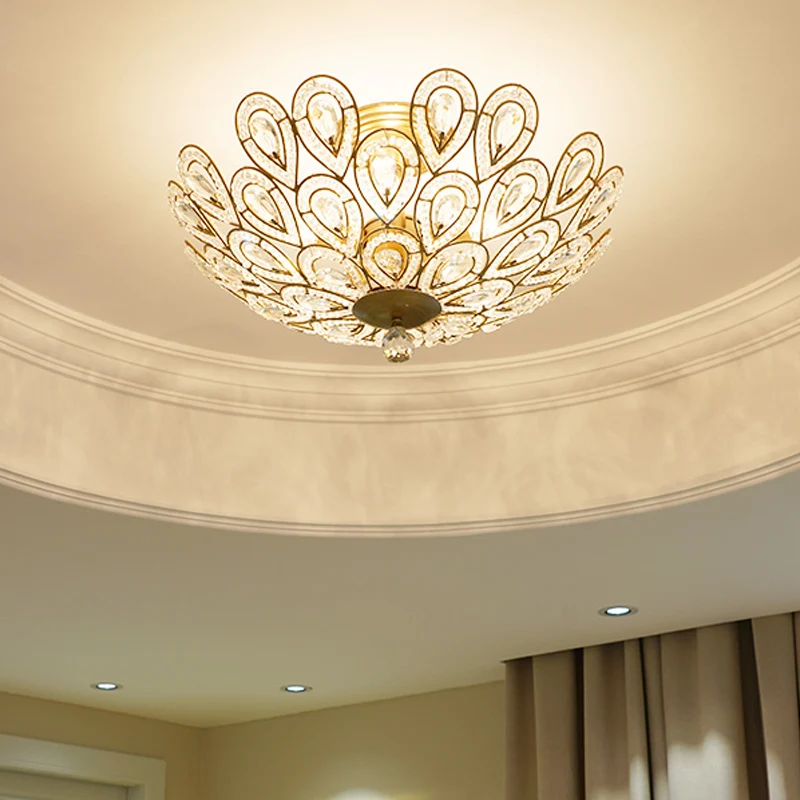 Messing pauwstaart plafondlamp 3/5 lichts metalen plafondlamp lodge-stijl met kristallen kraal voor woonkamer Clearhalo