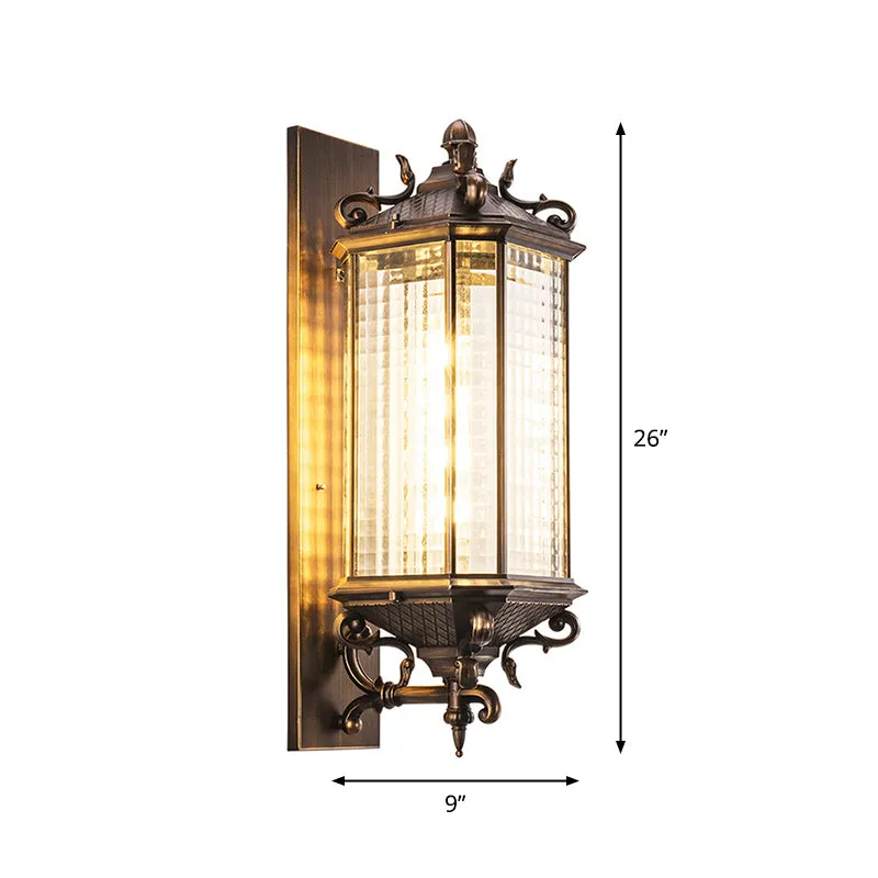 Messing rechthoekige wandkandelaar licht rustiek helder gerasterd glas enkele buiten kleine/grote wandlamp Clearhalo