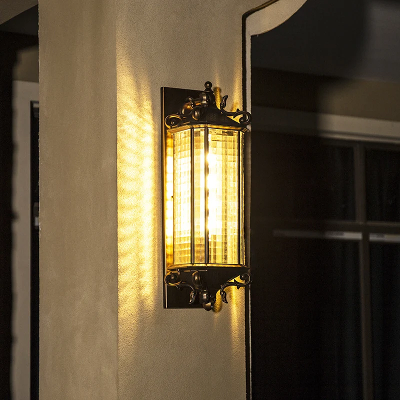 Messing rechthoekige wandkandelaar licht rustiek helder gerasterd glas enkele buiten kleine/grote wandlamp Clearhalo