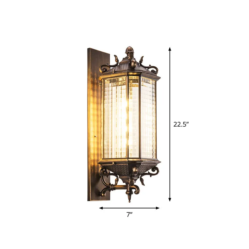 Messing rechthoekige wandkandelaar licht rustiek helder gerasterd glas enkele buiten kleine/grote wandlamp Clearhalo