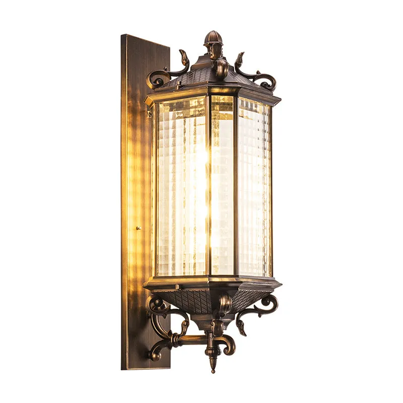 Messing rechthoekige wandkandelaar licht rustiek helder gerasterd glas enkele buiten kleine/grote wandlamp Clearhalo
