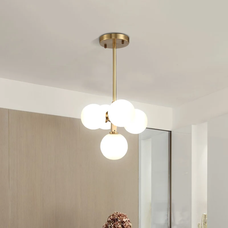 Messing ronde hangende kroonluchter moderne 5-kops witte matte galss LED-plafondhanglamp Clearhalo