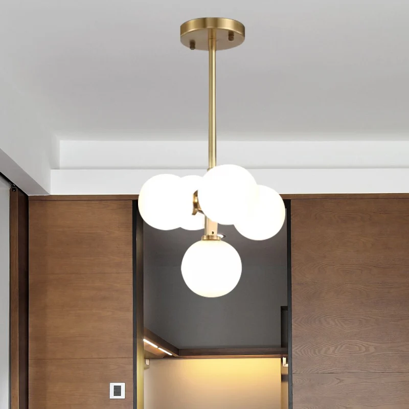 Messing ronde hangende kroonluchter moderne 5-kops witte matte galss LED-plafondhanglamp Clearhalo