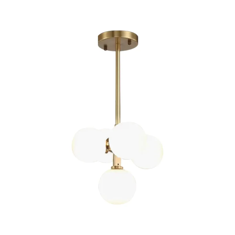 Messing ronde hangende kroonluchter moderne 5-kops witte matte galss LED-plafondhanglamp Clearhalo