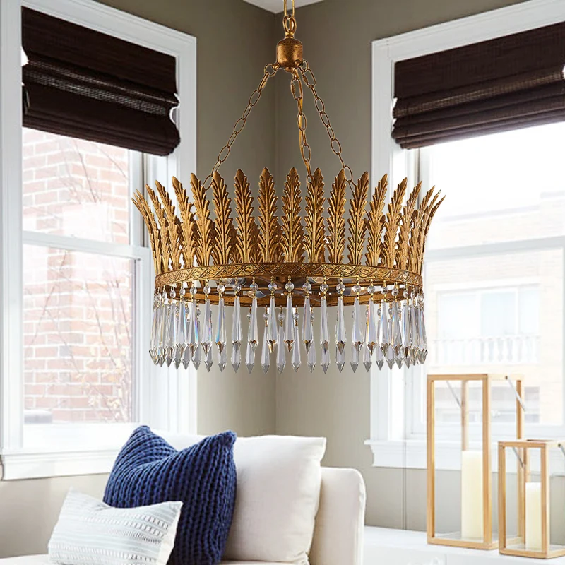 Messing ronde kroonluchterlamp Traditioneel metaal en kristal 4/6 lampen Woonkamer hanglamp Clearhalo