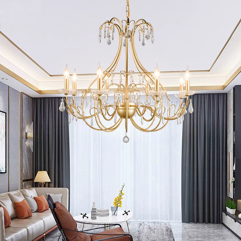 Messing traanvormige kroonluchterlamp platteland metaal 8 lampen woonkamer hanglampset met hangend kristal Clearhalo