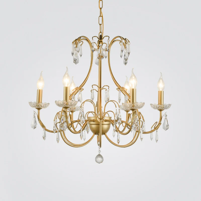 Messing traanvormige kroonluchterlamp platteland metaal 8 lampen woonkamer hanglampset met hangend kristal Clearhalo