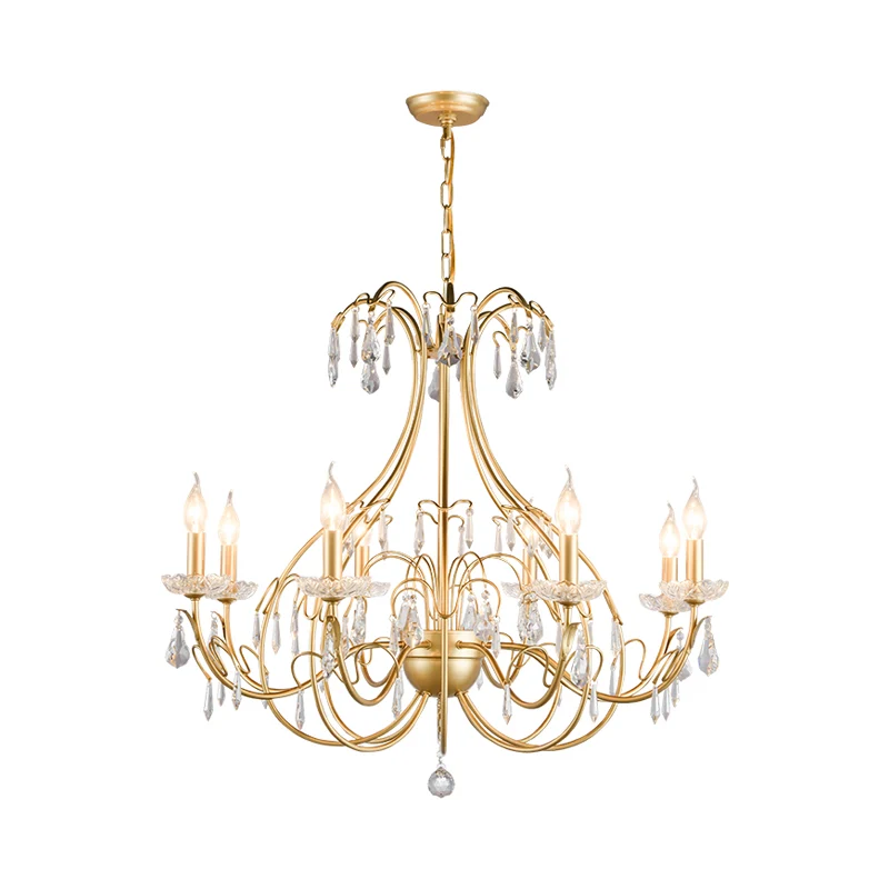 Messing traanvormige kroonluchterlamp platteland metaal 8 lampen woonkamer hanglampset met hangend kristal Clearhalo