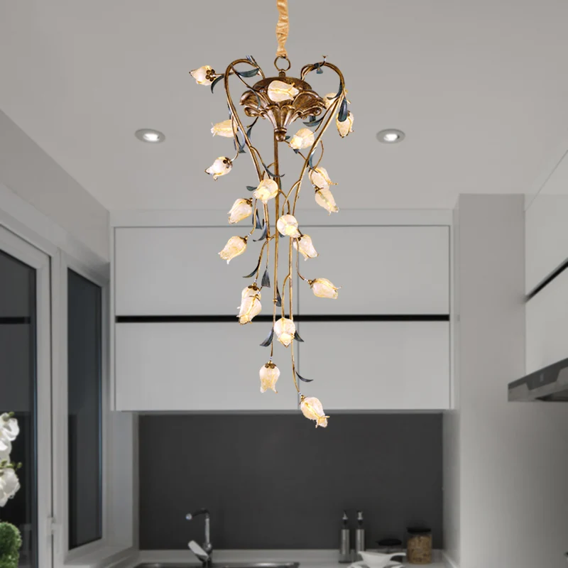 Messing Tulp Hangende Kroonluchter Amerikaanse Tuin Metaal 21 Lichten Restaurant LED Plafondhanger Clearhalo