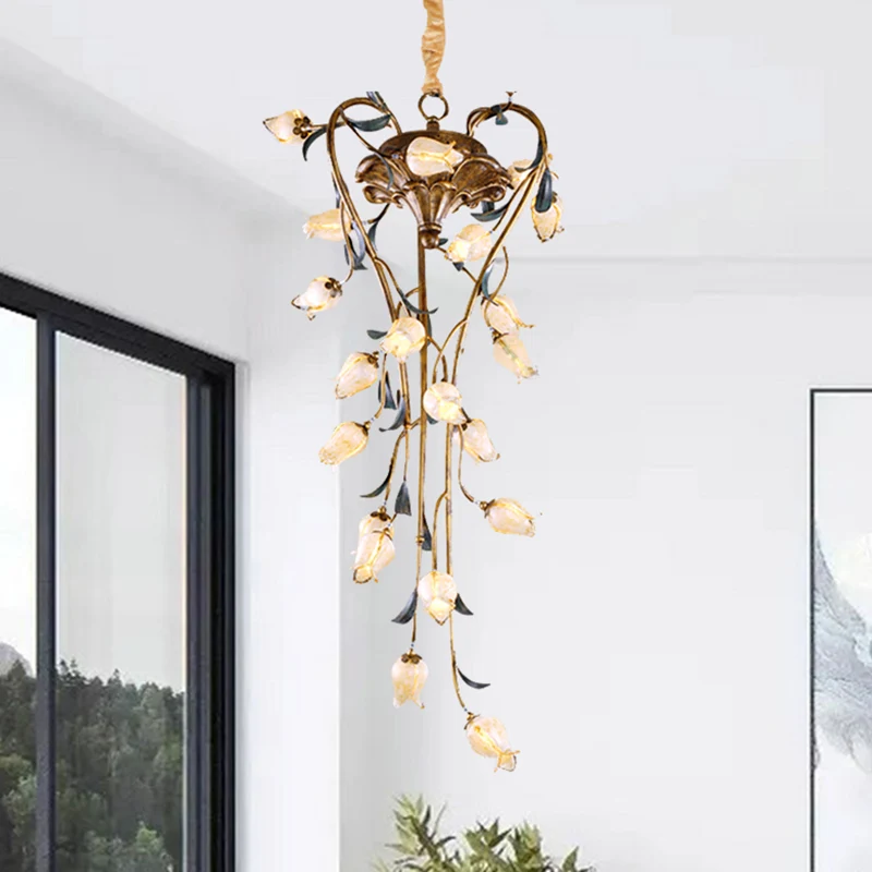 Messing Tulp Hangende Kroonluchter Amerikaanse Tuin Metaal 21 Lichten Restaurant LED Plafondhanger Clearhalo