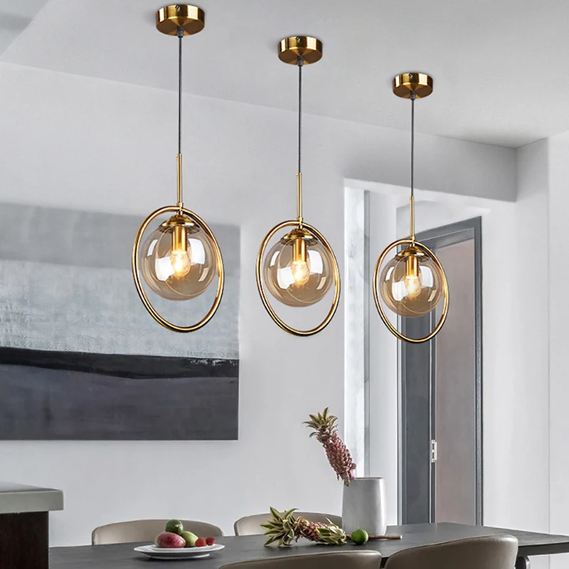 Messing vergulde kogelhanger Minimalistische enkele hanglamp van helder glas met ringdecoratie Clearhalo