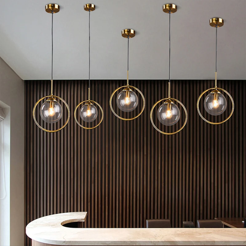 Messing vergulde kogelhanger Minimalistische enkele hanglamp van helder glas met ringdecoratie Clearhalo