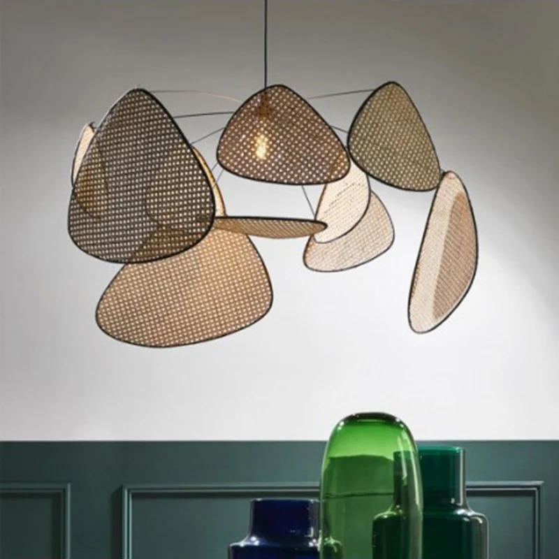 Met de hand bewerkte bladhanglamp, stijlvol Aziatisch bamboe, 1 lamp, beige plafondophanglamp, 27,5"/31,5"/39" breed Clear...