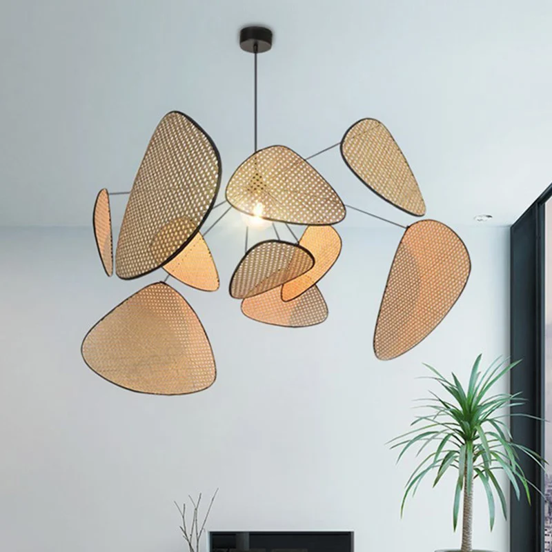 Met de hand bewerkte bladhanglamp, stijlvol Aziatisch bamboe, 1 lamp, beige plafondophanglamp, 27,5"/31,5"/39" breed Clear...