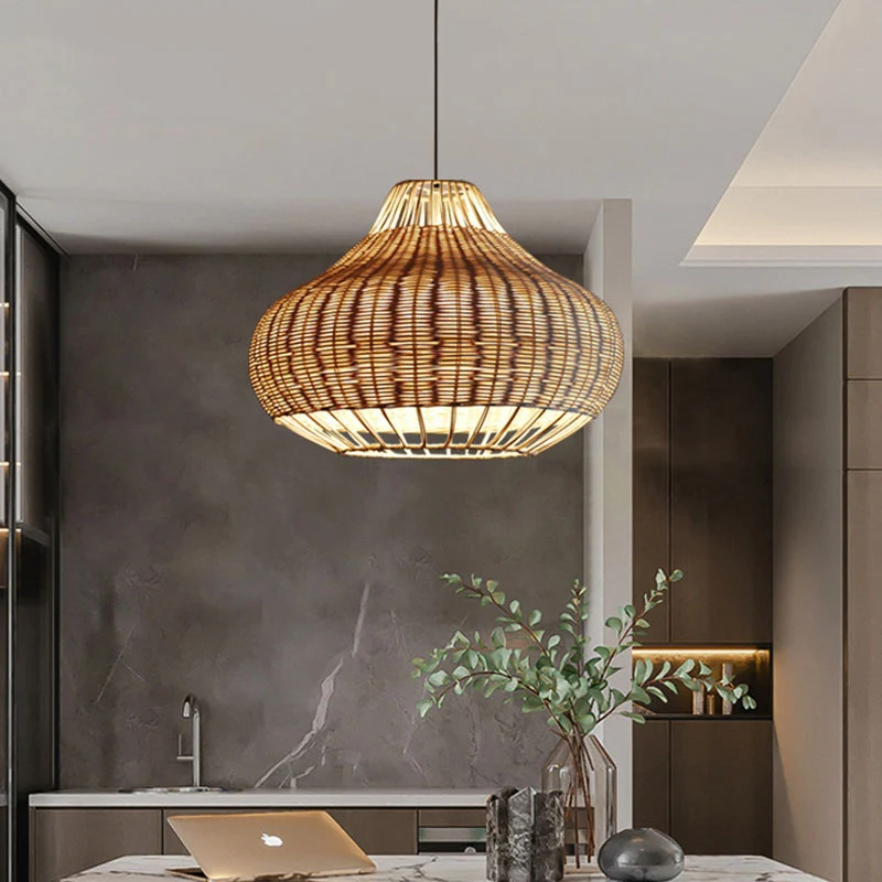 Met de hand bewerkte peervormige hanglamp Aziatisch rotan 1-koppige eettafel-ophanghanglamp van hout Clearhalo