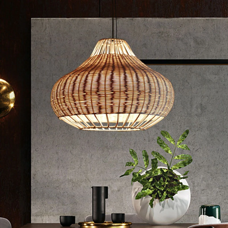 Met de hand bewerkte peervormige hanglamp Aziatisch rotan 1-koppige eettafel-ophanghanglamp van hout Clearhalo