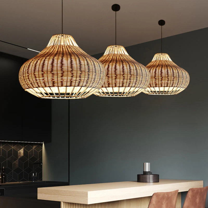 Met de hand bewerkte peervormige hanglamp Aziatisch rotan 1-koppige eettafel-ophanghanglamp van hout Clearhalo