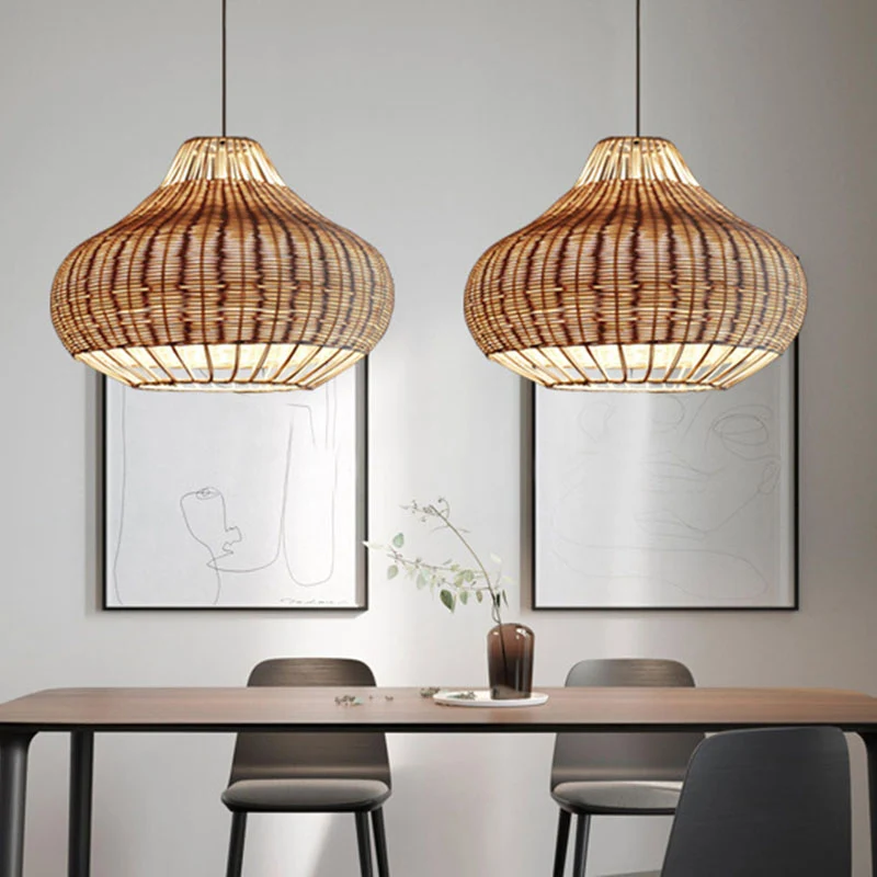 Met de hand bewerkte peervormige hanglamp Aziatisch rotan 1-koppige eettafel-ophanghanglamp van hout Clearhalo
