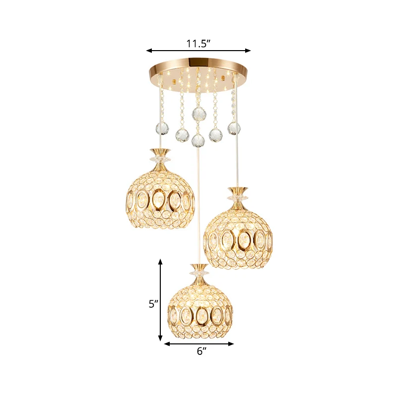 Met kristallen ingelegde koepel multi-hanglamp modernisme 3 lampen hangende plafondlamp goud Clearhalo