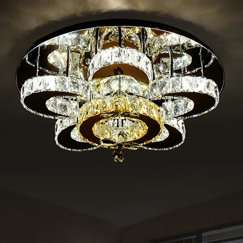 Met kristallen ingelegde ronde LED-plafondlamp Moderne stijl roestvrijstalen semi-inbouwlamp Clearhalo