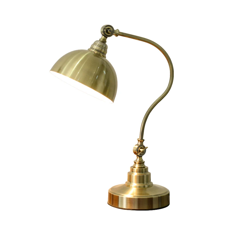 Metaal antiek goud nachtlampje kom schaduw 1 lamp vintage tafellamp met verstelbaar scharnier en gebogen arm Clearhalo