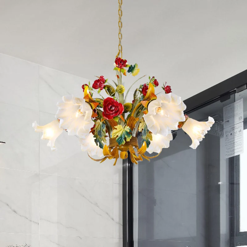 Metaal gele kroonluchter verlichting bloem 3/6/8 lampen vintage LED hanglamp voor woonkamer Clearhalo