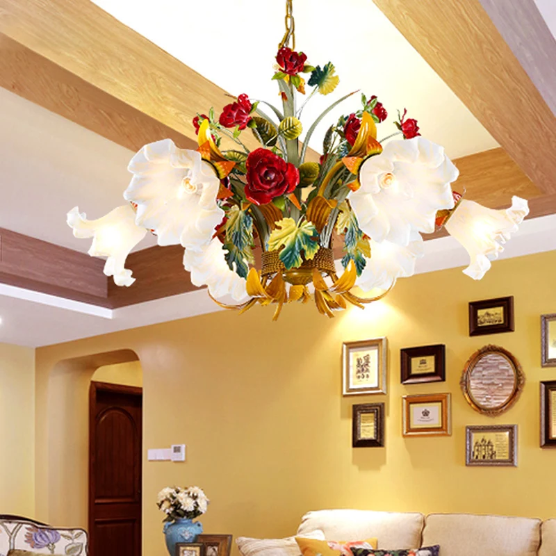 Metaal gele kroonluchter verlichting bloem 3/6/8 lampen vintage LED hanglamp voor woonkamer Clearhalo