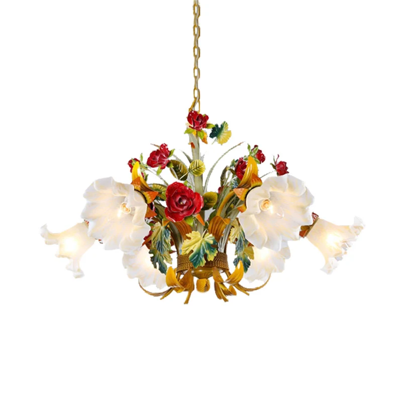 Metaal gele kroonluchter verlichting bloem 3/6/8 lampen vintage LED hanglamp voor woonkamer Clearhalo