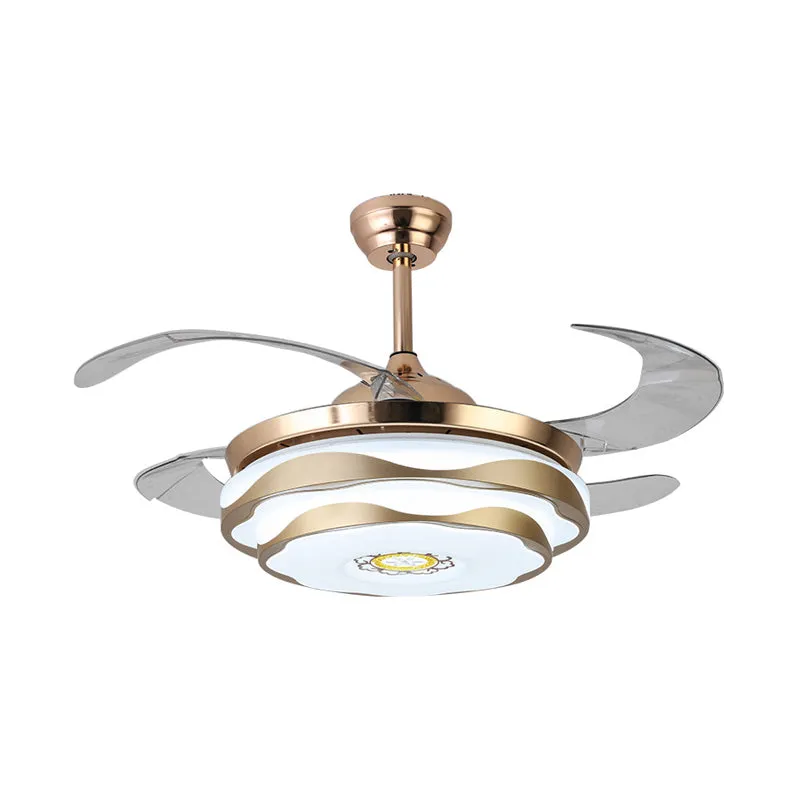 Metaal goud hangende ventilatorlamp ronde LED 42" breed modern 4 bladen semi-inbouw plafondlamp voor slaapkamer, afstandsb...
