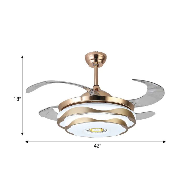 Metaal goud hangende ventilatorlamp ronde LED 42" breed modern 4 bladen semi-inbouw plafondlamp voor slaapkamer, afstandsb...