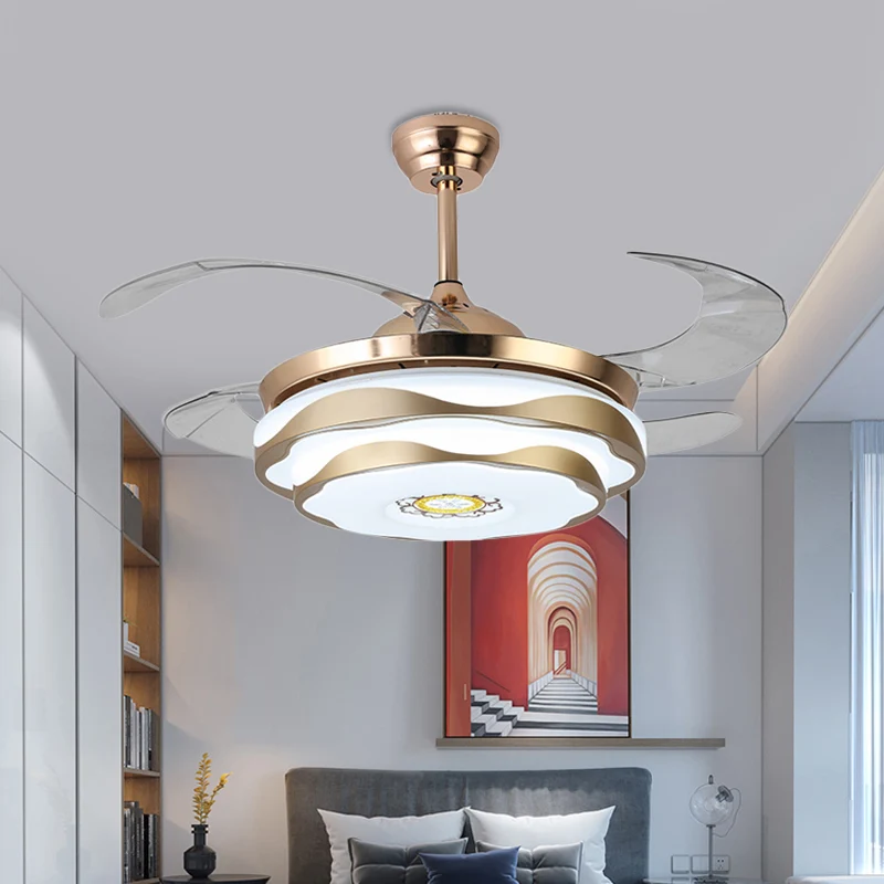 Metaal goud hangende ventilatorlamp ronde LED 42" breed modern 4 bladen semi-inbouw plafondlamp voor slaapkamer, afstandsb...