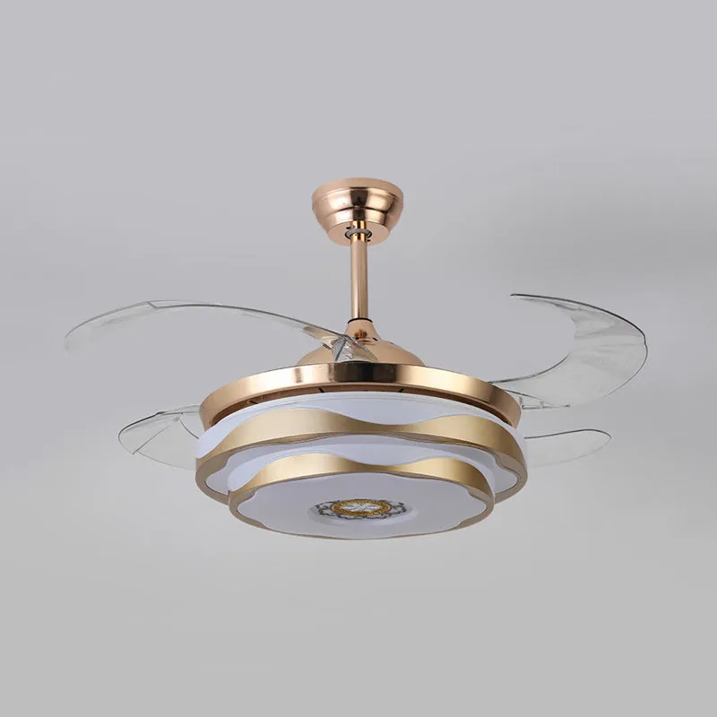 Metaal goud hangende ventilatorlamp ronde LED 42" breed modern 4 bladen semi-inbouw plafondlamp voor slaapkamer, afstandsb...