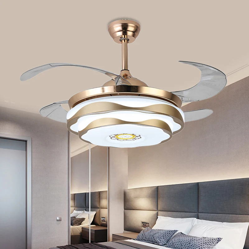 Metaal goud hangende ventilatorlamp ronde LED 42" breed modern 4 bladen semi-inbouw plafondlamp voor slaapkamer, afstandsb...