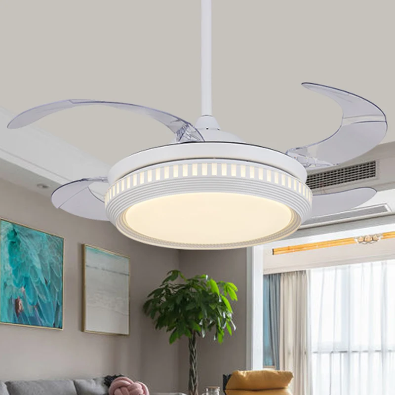 Metaal goud/wit semi-flush cirkel LED 42" breed eigentijds 4 bladen hangende ventilatorverlichting, afstandsbediening/freq...