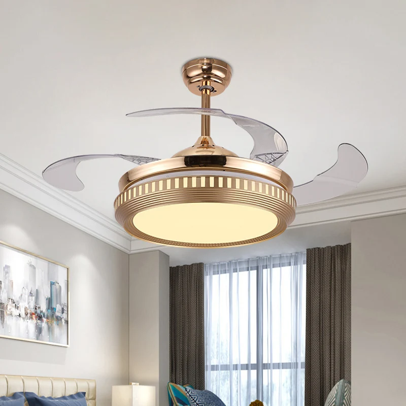 Metaal goud/wit semi-flush cirkel LED 42" breed eigentijds 4 bladen hangende ventilatorverlichting, afstandsbediening/freq...