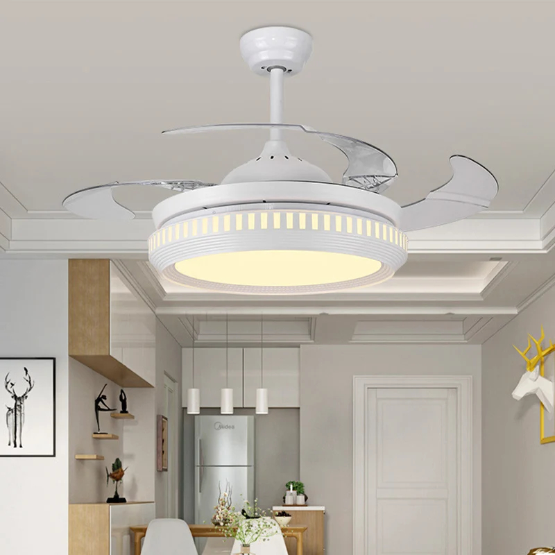 Metaal goud/wit semi-flush cirkel LED 42" breed eigentijds 4 bladen hangende ventilatorverlichting, afstandsbediening/freq...
