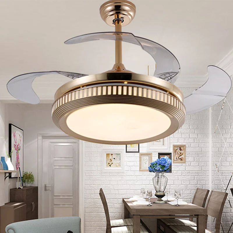 Metaal goud/wit semi-flush cirkel LED 42" breed eigentijds 4 bladen hangende ventilatorverlichting, afstandsbediening/freq...