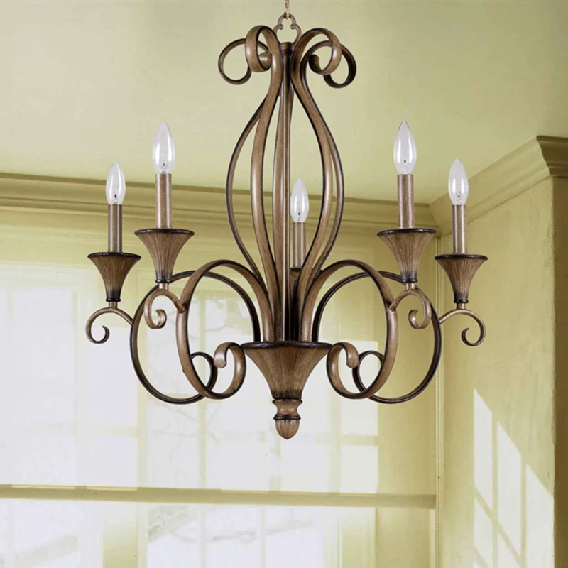 Metaal Houten Hanglamp Gewervelde Arm 5 Lichten Platteland Kroonluchter Lamp Clearhalo