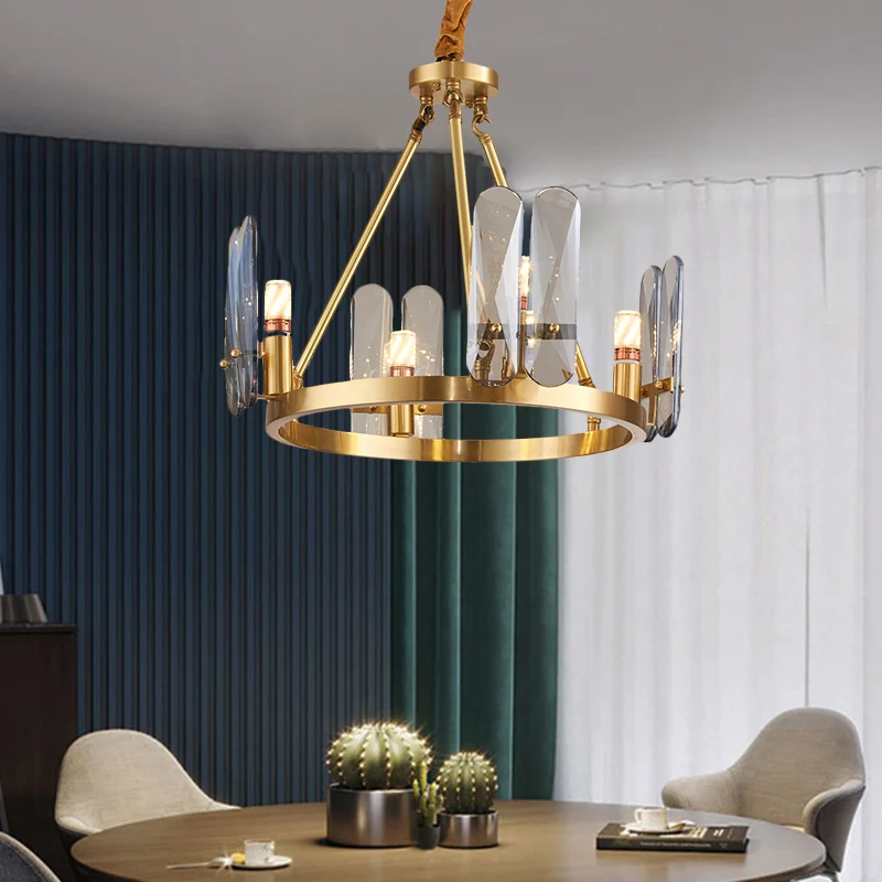 Metaal Messing Kroonluchter Verlichting Ronde 4 Hoofden Modernisme Hangende Hanger met Ovaal Rookgrijs Kristallen Paneel C...