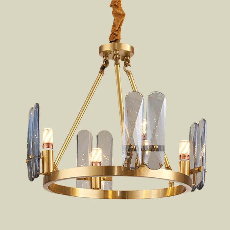 Metaal Messing Kroonluchter Verlichting Ronde 4 Hoofden Modernisme Hangende Hanger met Ovaal Rookgrijs Kristallen Paneel C...
