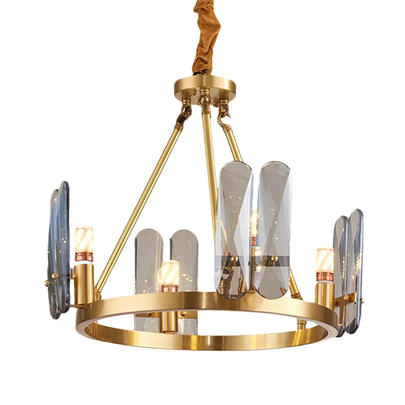 Metaal Messing Kroonluchter Verlichting Ronde 4 Hoofden Modernisme Hangende Hanger met Ovaal Rookgrijs Kristallen Paneel C...