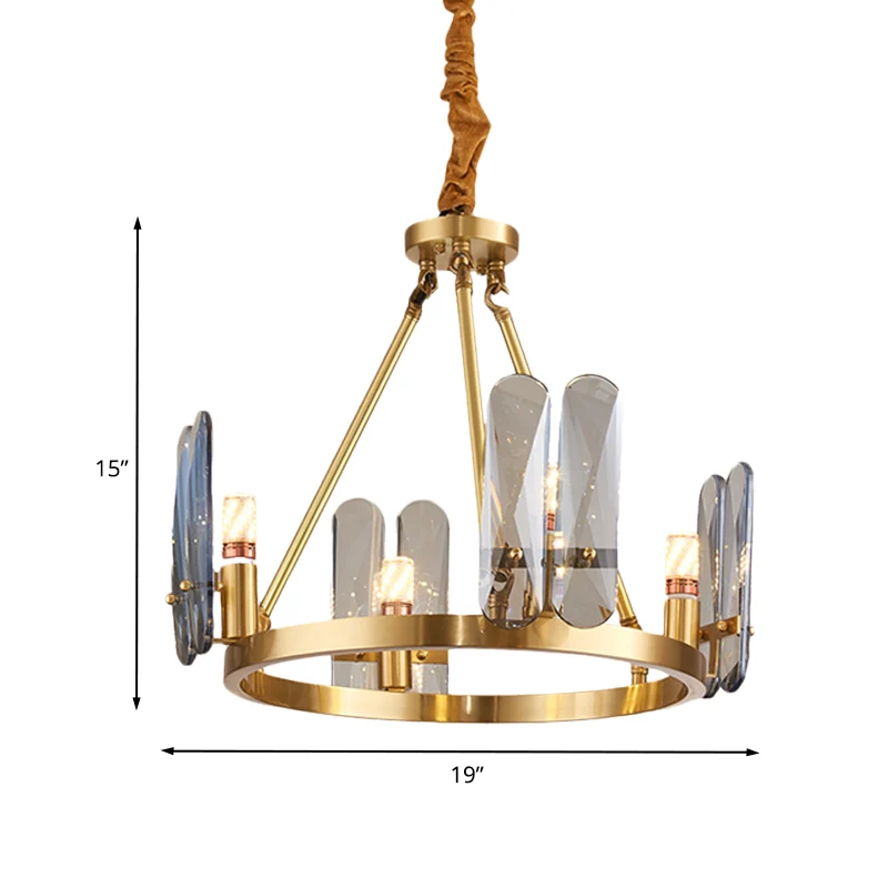Metaal Messing Kroonluchter Verlichting Ronde 4 Hoofden Modernisme Hangende Hanger met Ovaal Rookgrijs Kristallen Paneel C...