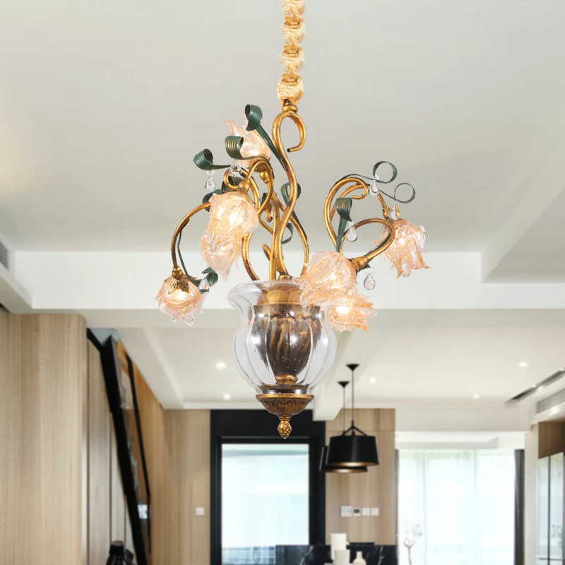 Metaal Messing Kroonluchter Verlichtingsarmatuur Blossom 7 Heads Amerikaanse Tuin LED Hanglamp voor Eetkamer Clearhalo
